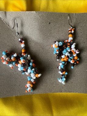 Handmade Multicolor Beaded Drop Earrings - Turquoise & Orange